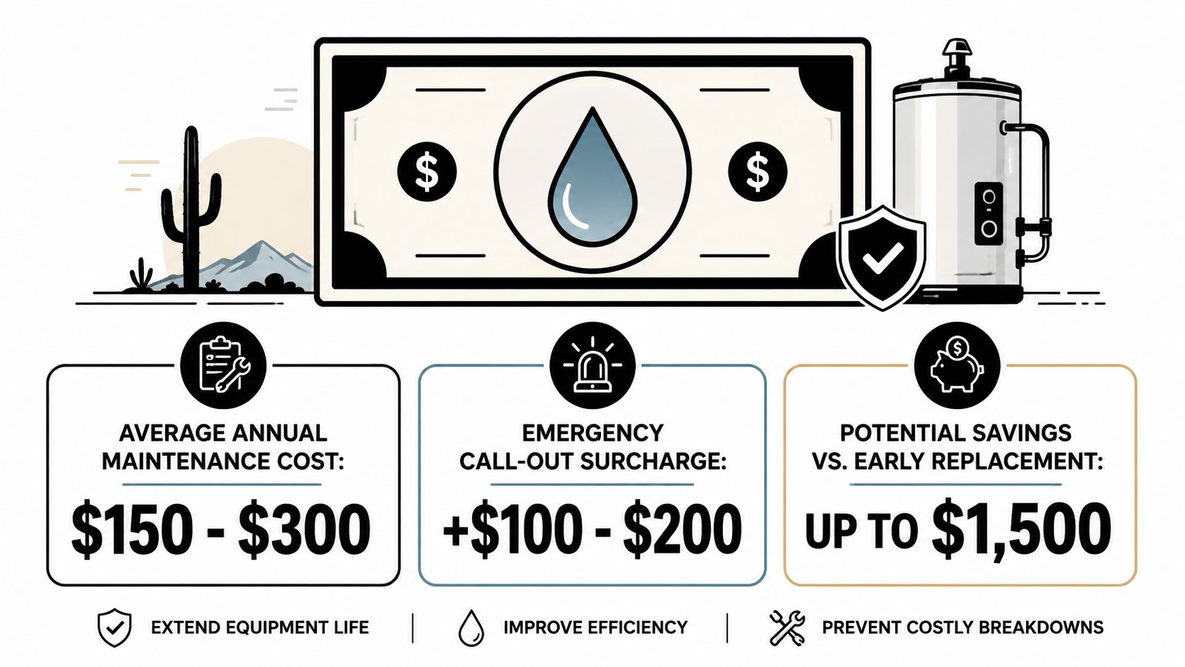 An infographic showing costs related to water heater maintenance, emergency service fees, and potential replacement savings.