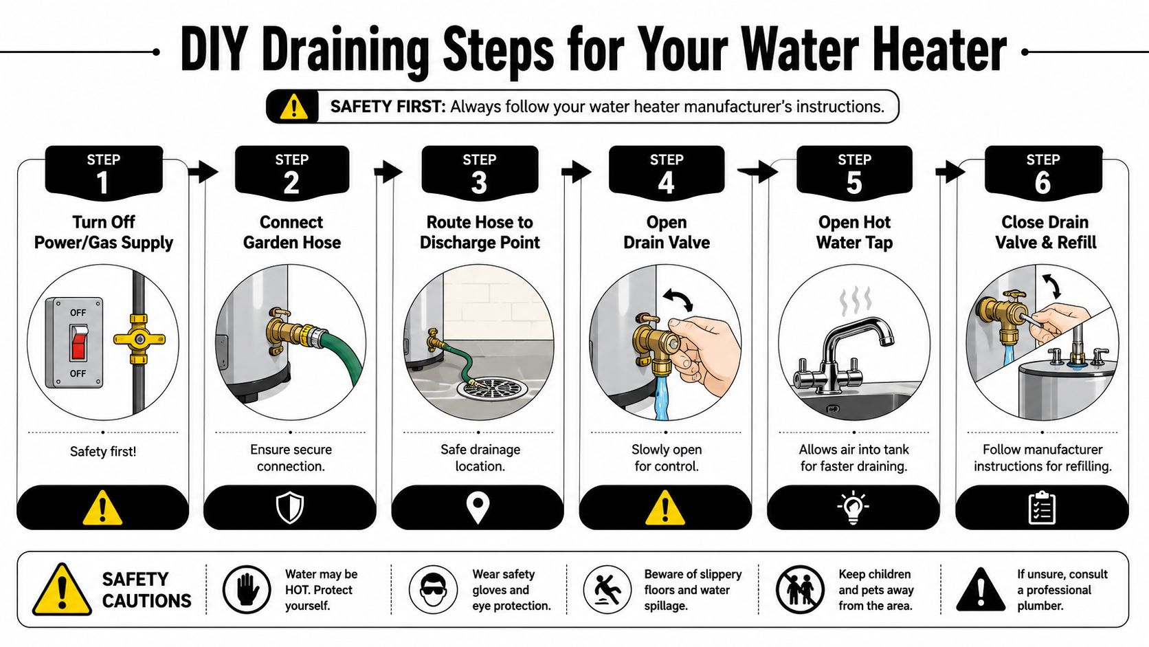 An instructional infographic detailing the six-step process for safely draining a residential water heater tank.