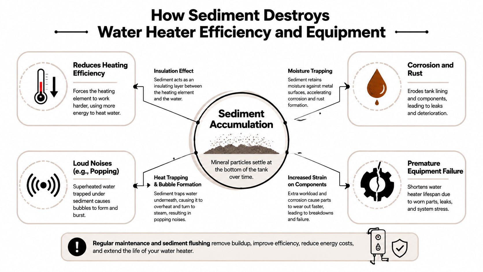 A diagram illustrating how sediment accumulation in a water heater reduces efficiency and causes equipment damage.